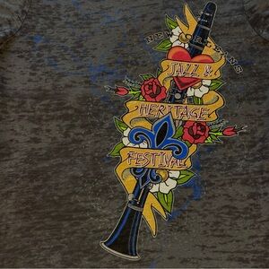 Vintage New Orleans JazzFest Gray/Black T-Shirt w/Roses Heart Clarinet Graphic